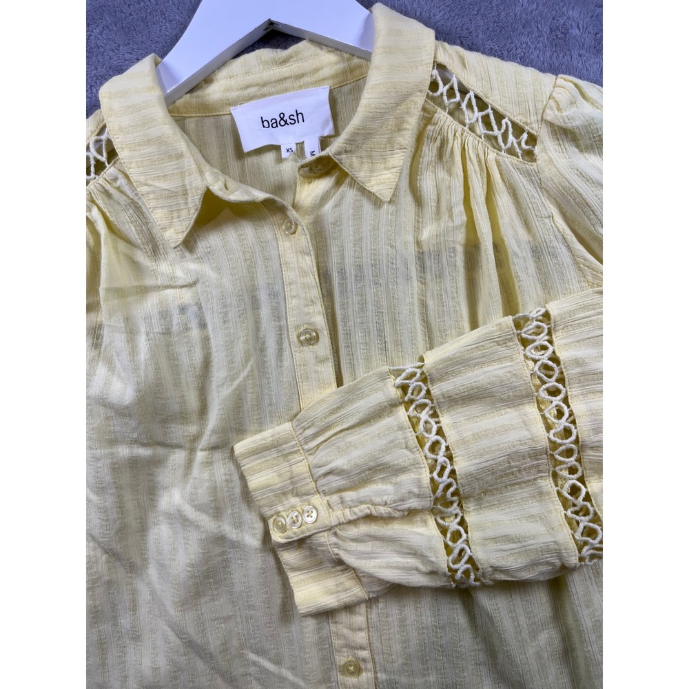 ba&sh Womens XS‎ Shirt Blouse Yellow Striped Crochet Lace Detail Button Down